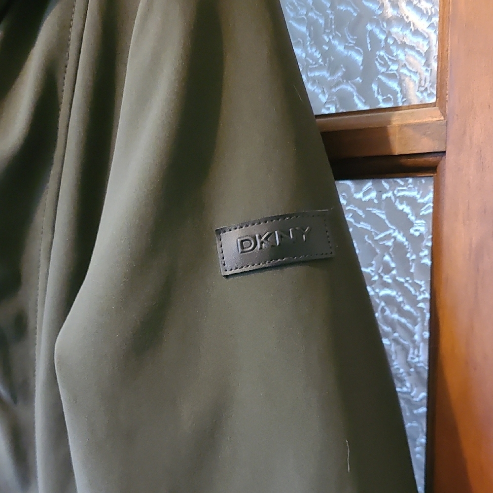 DKNY Women Olive Outerwear Softshell Hooded Long Jacket Velboa Lined Size Small - Picture 11 of 15